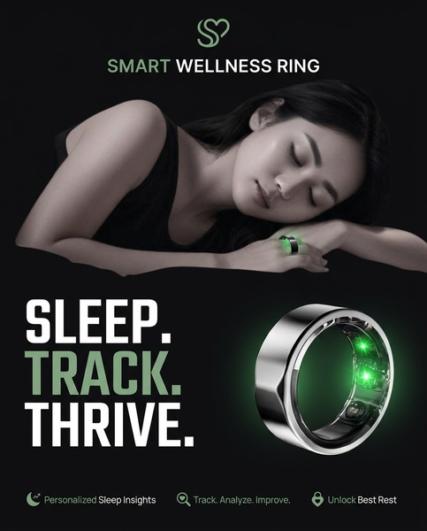 A split-composition ad showing a user sleeping while wearing a smart ring, paired with a detailed product close-up featuring green LED sensors.